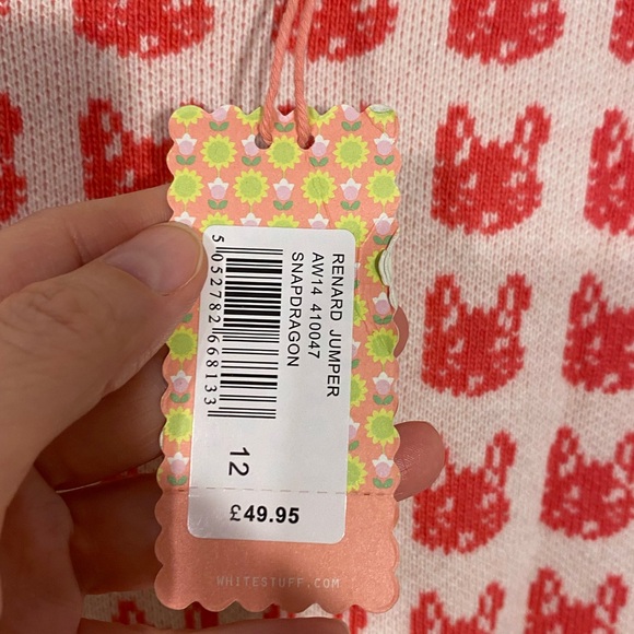 White Stuff CAT Print Striped Cuff Soft Knit Sweater Cream Coral M - Picture 5 of 7